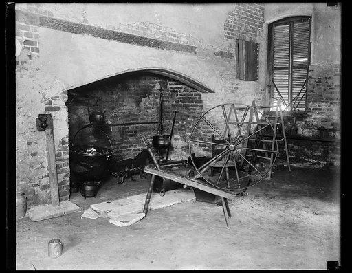 Large fireplace and spinning wheel, Stratford Hall?, Westmoreland County, Virginia