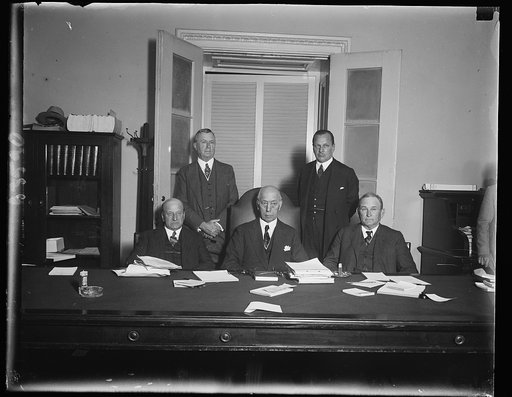 William B. Shearer appears before Senate Investigating Committee. Accompanied by his attorney William B.Shearer, storm center of the investigation demanded by president of charges defeat the aims of the Geneva arms cut conference today. In the front row, left to right: Senator Henry Allen; Senator S