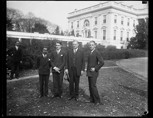 President Hoover greets winners of international oratorical contest. The winners of the International Oratorical Contest held in Washington, were received by President Hoover at the White House today. In this photograph, left to right; Roberto Ortiz Gris of Mexico, winner of third prize; ? R. Pinard