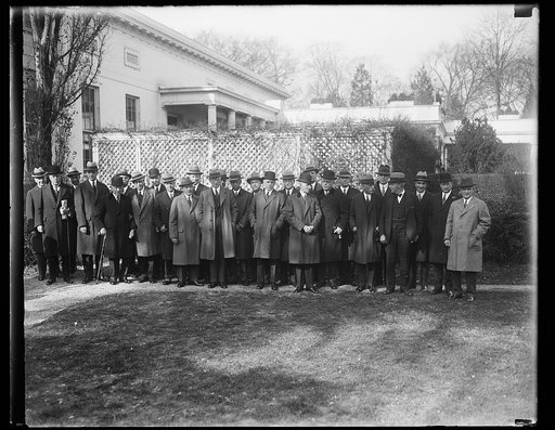 Industrial men meet Hoover. Another conference called by President Hoover was held at the White House this morning. This time it was a group of the leading industrial heads of the country. In the group, fifth from the ri is the Secretary of the Treasury, Andrew Mellon, ninth from the right, The Secr