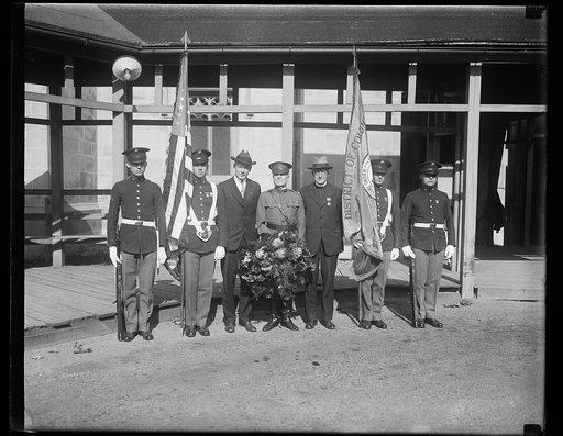 Day tribute to Admiral Dewey of Navy Day. Members of the Military and Naval Order of the Spanish-American War paid tribute to Admiral Dewey today, Navy Day, at Washington Cathedral, where the hero of Manila Bay is buried. In the center of group, left to right: Capt. J.R. Roeside, representing the Na