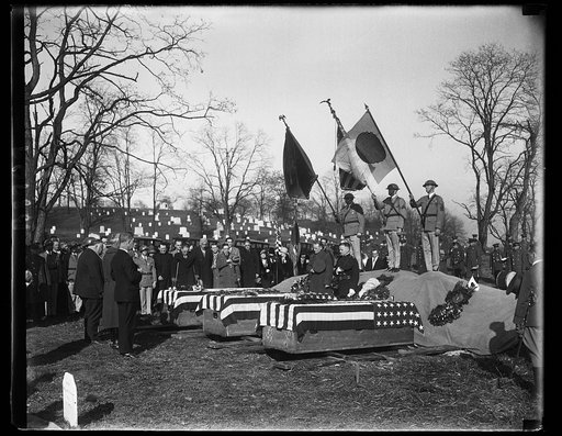 United States soldiers who died in Russia during World War buried in Arlington. Impressive services marked the burial in Arlington National Cemetary today of three members of the "Polar Bear Army," whose bodies were to this country from Russia. The men were Privates Elmer E. Steicher; Louis A. Szyma
