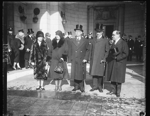 President-elect Pascual Ortiz Rubio of Mexico arrives at the National Capital. This picture was made at the Union Station, Washington. In the group, left to right: Mrs. Henry L. Stimson, wife of the Secretary of State; Senora Ortiz Rubio; President-elect Rubio; Secretary of State Stimson and the Mex