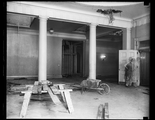 The wrecked lobby. Here is how the lobby of the executive offices of the White House appeared on the day following the fire. Pools of water still remained atop the expensive hardwood floors and debris continued to fall from the roof
