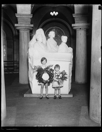 The National Woman's Party today observed the 137th anniversary of the birth of Lucretia Mott, the Quakeress, one of the Equal Rights pioneers. Little Peggy Anthony (left) placed the wreath and at the right is Hope Anthony