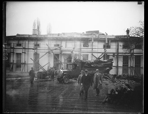 Views White House fire ruins. On his way to lunch today President Hoover viewed the debris from the White House fire piled high on the executive office grounds