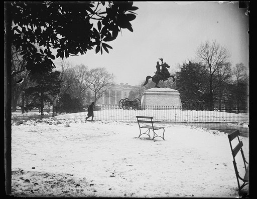 Snow and Lafayette statue; White House in background. Washington, D.C.