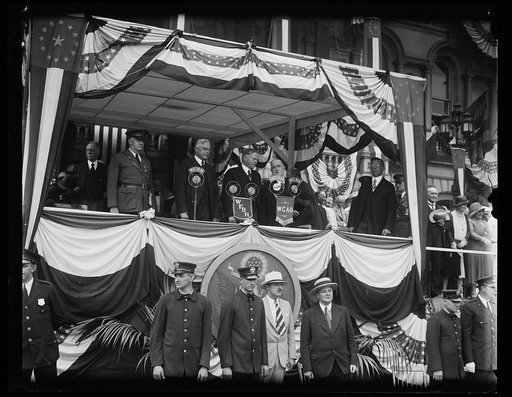 Herbert Hoover and group at microphones; Albert Ritchie? to left of Hoover