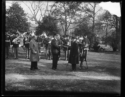 Herbert Hoover and marching band. White House, Washington, D.C.