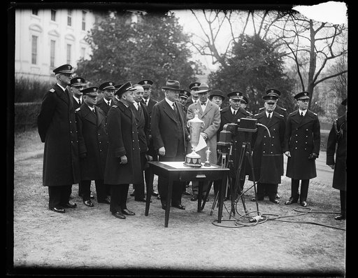 Herbert Hoover and military group outside White House, Washington, D.C.