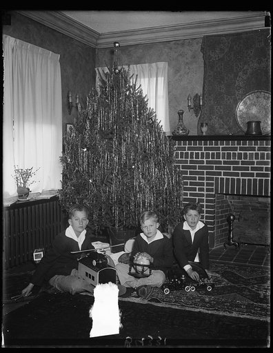 These happy boys grouped about their Christmas tree are George, Jr., Clarkes, and Frederick, the sons of Mr. and Mrs. George Akerson. Mr. Akerson is President Hoover's Secretary