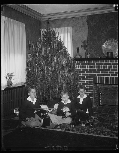 These happy boys grouped about their Christmas tree are George, Jr., Clarkes, and Frederick, the sons of Mr. and Mrs. George Akerson. Mr. Akerson is President Hoover's Secretary