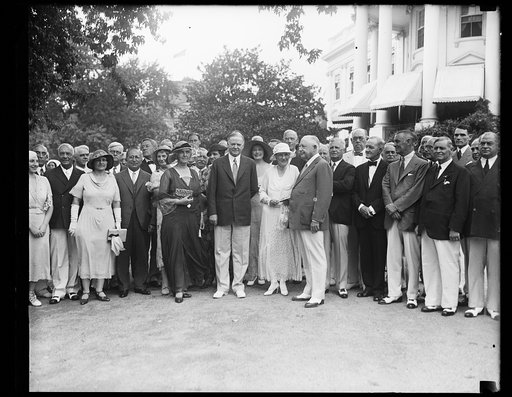 Lou and Herbert Hoover and group outside White House, Washington, D.C.