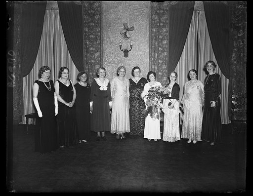 Have led Spanish War auxiliary. Left to right: Mamie B. Schmidt (Ga.), 1933-34; Florence M. Clark (Ohio), 1923-24; Minnie R. Lenhart (Pa.), 1919-20; Violet B. King (Ill.), 1918-19; Elizabeth M. Hartung (Ohio), 1917-18; Olive M. Ravens (Mich.), 1928-29, National Secretary; Anna Nagle (Mass.), Nationa