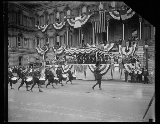 Parade in front of presidential viewing stand with Herbert Hoover, Washington, D.C.