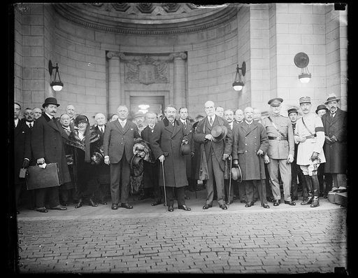 Group at Union Station; includes Charles Evans Hughes and John J. Pershing in front. Washington, D.C.