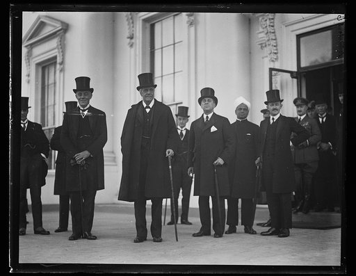 Group with Sir Auckland Geddes and Arthur James Balfour. White House, Washington, D.C.