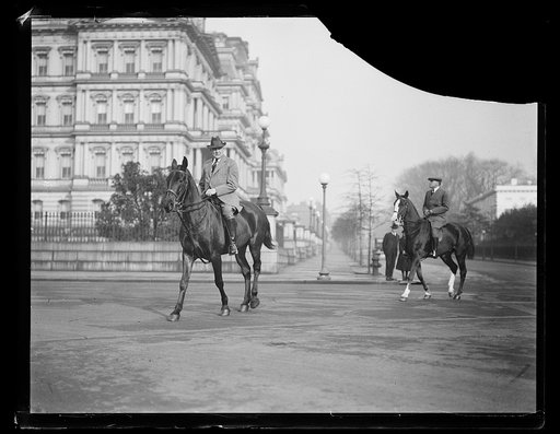 Warren Harding on horse; State, War and Navy Building in background. Washington, D.C.