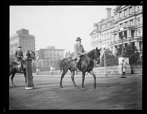 Warren Harding on horse; State, War and Navy Building in background. Washington, D.C.