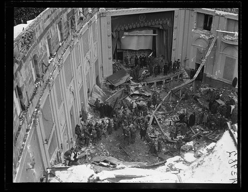 Collapsed roof following snow storm on January 28, 1922. Knickerbocker Theater located on the southwest corner of 18th Street and Columbia Road, N.W., Washington, D.C.