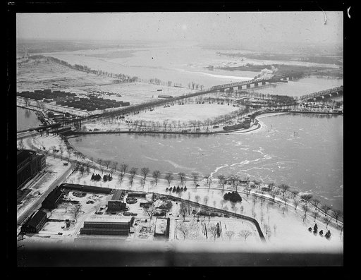 Aerial view of Potomac River with snow, Washington, D.C.
