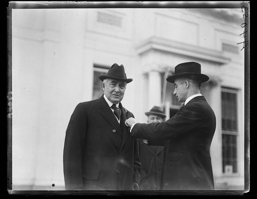 Warren Harding, left; outside White House, Washington, D.C.