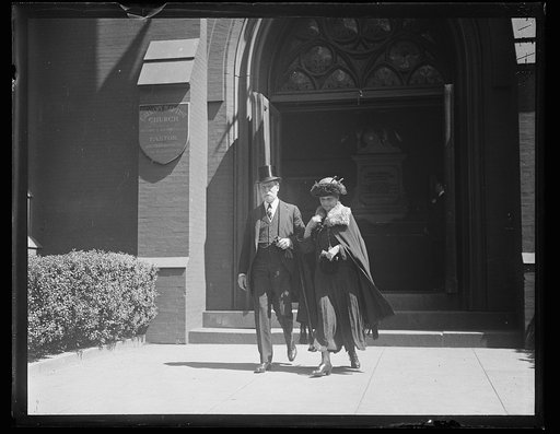 Charles Evans Hughes and wife leaving Calvary Baptist Church