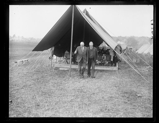 Reenactment of Pickett's Charge at the battle of Gettysburg in Pennsylvania. Warren Harding and William Sproul in front of tent