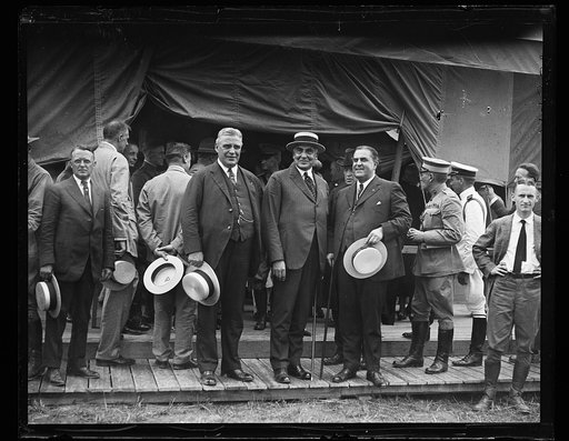 Reenactment of Pickett's Charge at the battle of Gettysburg in Pennsylvania. William Sproul, Warren Harding and Elbert Lee Trinkle in front of tent