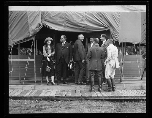 Reenactment of Pickett's Charge at the battle of Gettysburg in Pennsylvania. Elbert Lee Trinkle and Warren Harding, center, in front of tent