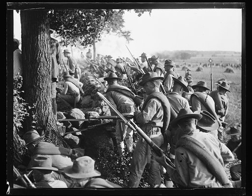 Marines during reenactment of Pickett's Charge at the battle of Gettysburg. Pennsylvania