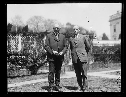 Warren Harding, left, outside White House, Washington, D.C.
