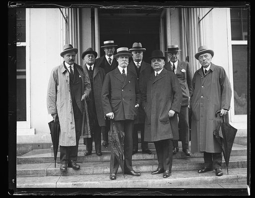 Group on steps; includes Charles Evans Hughes and Charles Curtis, front. White House, Washington, D.C.