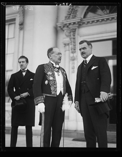 Senor Herman Velarde, newly appointed Amb. from Peru to the U.S., who presented his credentials to Pres. Coolidge Mar. 24th. Accompanied by J. Butler Wright (right), third Asst. Secy. of State [White House, Washington, D.C.