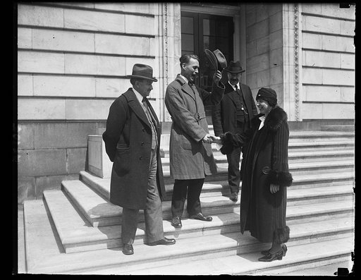 The progressive group in Congress from Minn. greet Myrtle Cain, Woman Farm Labor Rep. in the Minn. Legislature, upon her arrival in Wash. She brought a mandate from the Minn. progressives that they support the equal rights amendment, lft. to rt.: Rep. Knud Wefald, Sen. Henrick Shipstead, Sen. Magnus