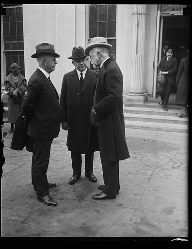 Group outside White House entrance; Henry Cabot Lodge, right. Washington, D.C.