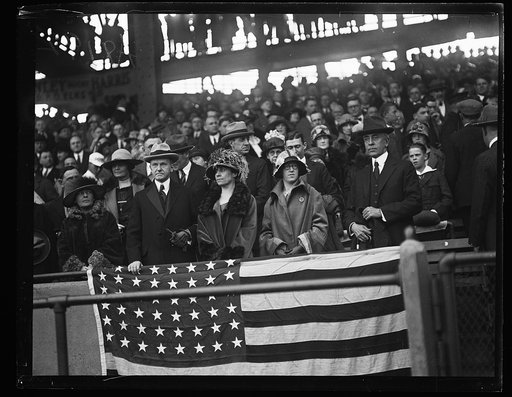 Calvin Coolidge and Grace Coolidge; Bascomb Slemp, right. In stands at stadium