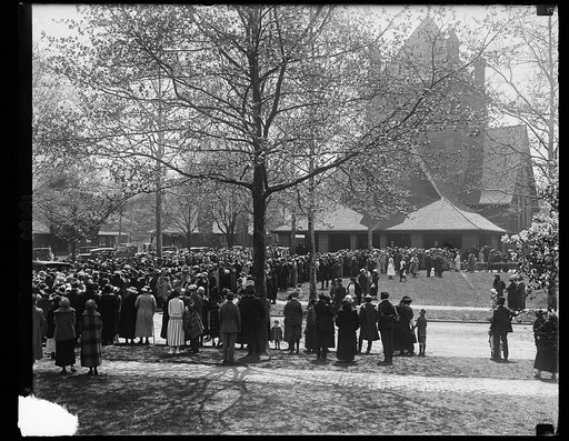 General view of crowds around All Soul's Church for Vanderbilt-Cecil wedding at Biltmore, N.C., April 29th.