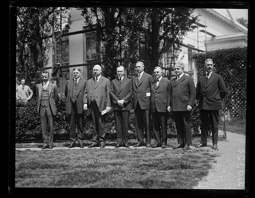 Unidentified, Herbert Hoover, John W. Weeks, Calvin Coolidge, Hubert Work, Henry C. Wallace, and James J. Davis. White House, Washington, D.C.
