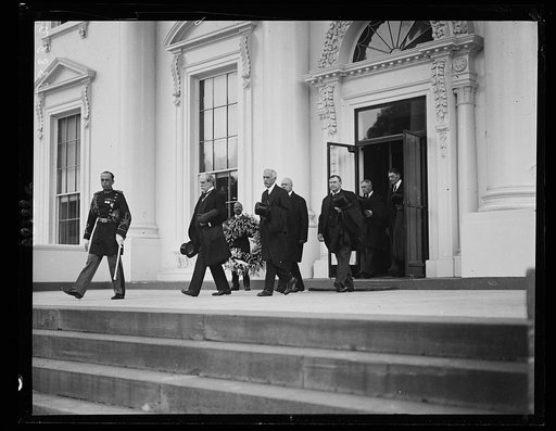 Members of the Cabinet, who were honorary pall bearers for the wife of Secy. of Interior, Hubert Work. Leaving White House funeral services held in East Room