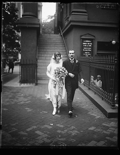 Dr. and Mrs. Chas. Bruggmann leaving N.Y. Avenue Presbyterian Church where they were married May 14 in the presence of Pres. and Mrs. Coolidge, high gov't officials and members of diplomatic corps. Mrs. Bruggmann was Miss Mary Wallace, daughter of Secy. and Mrs. Wallace