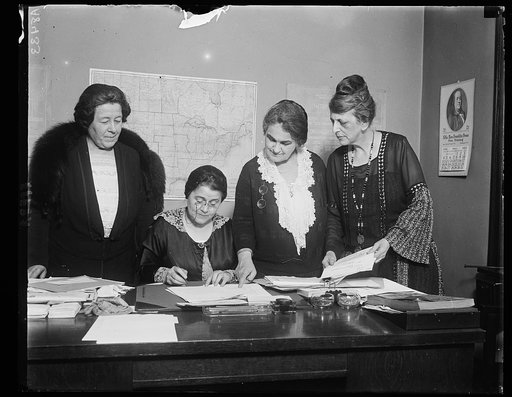 Leaders among the Democratic women are meeting at the nat'l hdqrs. in Wash. to complete arrangements for the convention in N.Y. Lft. to rt.: Mrs. D.A. McDougal, Nat'l Committee Woman from Okla., Mrs. Emily Newall Blair, Vice-Chmn. of the Demo. Nat'l Comm., Mrs. Thornton Lee Brown, Jophin, Mo., and M