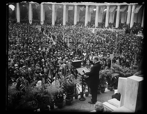 Pres. Coolidge delivering his patriotic address at memorial services in amphitheater at Arlington Nat'l Cemetery, May 30