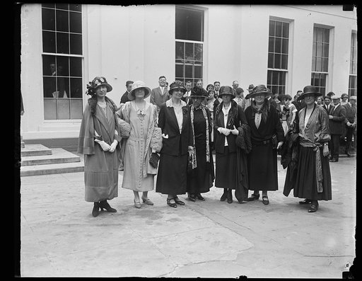 Prominent Republican women call on Pres. to discuss the part of women will play in the coming election. Lft to rt.: Miss Lucille Atcherson, State Dept., Mrs. B.P. Bruggmann, US Compensation Comm., Miss Mabel W. Willebrandt, Asst. Atty. Gen.; Mrs. Mary Anderson, Chmn., Woman's Bur., Labor Dept.; Miss