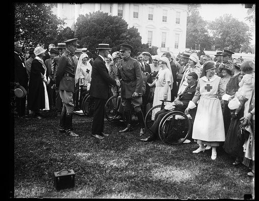 Gen. Pershing greeting wounded soldiers at the White House