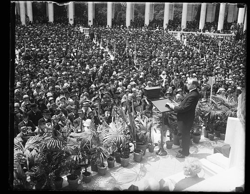 Pres. Coolidge delivering his patriotic address at the Memorial services in the amphitheater at Arlington Nat'l Cemetery, May 30th