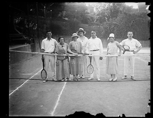Mr. Yung Kwai of China, Mlle. Lutfia Yousry, daughter of Egyptian Minister, Miss Elizabeth Hughes, daughter of Secy. of State, Countess Sommati di Mombello, Capt. Varona, Mme. Tilmont and Col. Bernezzo of Italy, on Mrs. John B. Henderson's tennis court