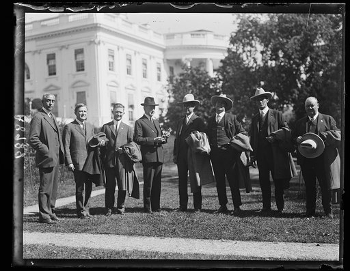 Pres. Coolidge with the champion home-run hitter of the minor leagues. L. to r.: C. Bascom Slemp, Sen. Sheppard, The Hired-Hand (radio announcer, of Ft. Worth, Tex.), Amon G. Carter, Pate, Kraft and W.N. Moore