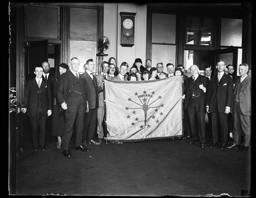 Flag of Indiana being presented to Postmaster General New at Post Office