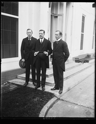 L to r: Prof. B. Hanger, noted Norweigian Educator, Hon. H. Bryn, Minister from Norway, and P.A. Pederson, Police Inspector of Norway, calling at W.H. [i.e., White House